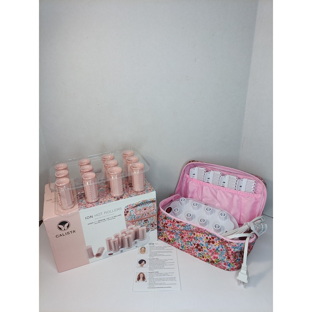 Calista Ion Hot Rollers 12 Curlers 1 & 1.25 Inch Diameter Floral Bag Pink NEW